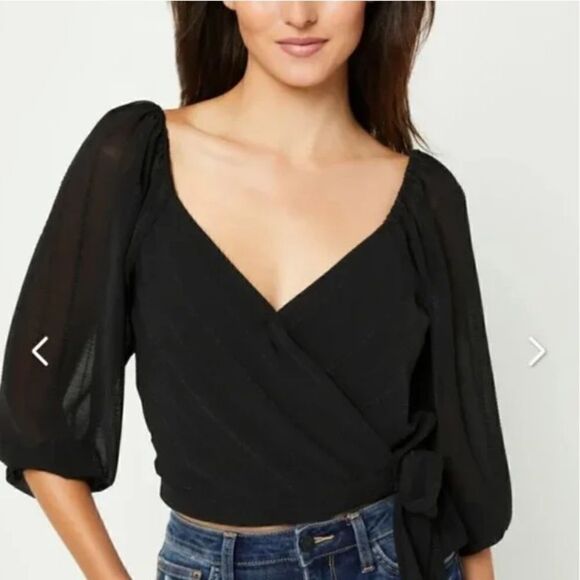 NWT - BCBGeneration Long Ballon Sleeve Wrap Style Sheer Crop Blouse Size: M - Picture 4 of 15